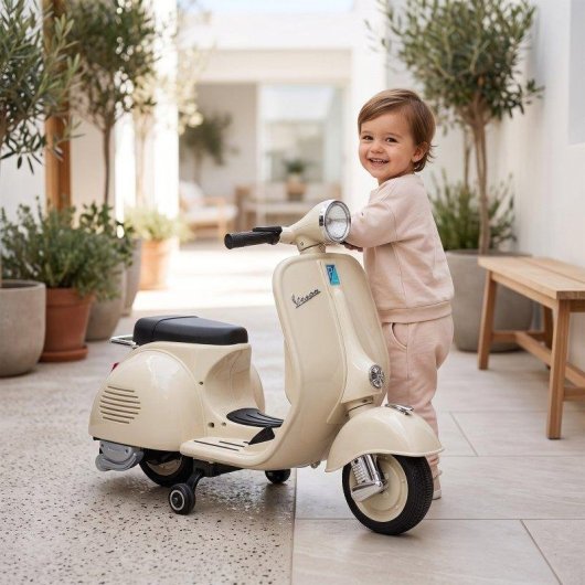 Motocicleta Elétrica Infantil AIYAPLAY Licença Vespa - Rodas de Apoio Removíveis Branca