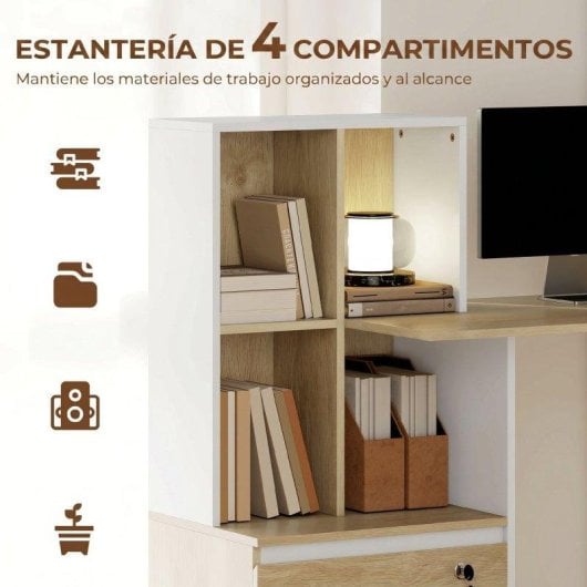 Escritorio Homcom con 4 estantes y cajón archivador A4 con cerradura roble