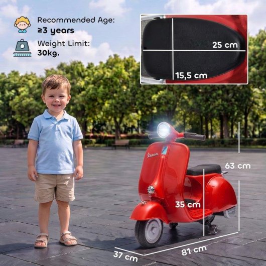 Moto Eléctrica Infantil Aiyaplay Vespa Licencia Oficial Rojo
