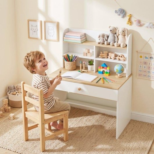 Escritorio infantil Aiyaplay con estante, compartimentos y cajón blanco
