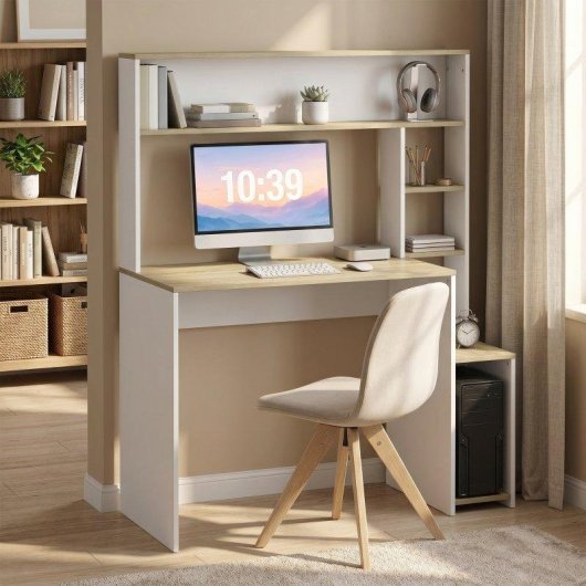 Mesa de escritorio con estantes Homcom moderna 114x45x138 cm blanco y natural