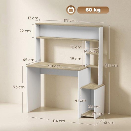 Mesa de escritorio con estantes Homcom moderna 114x45x138 cm blanco y natural