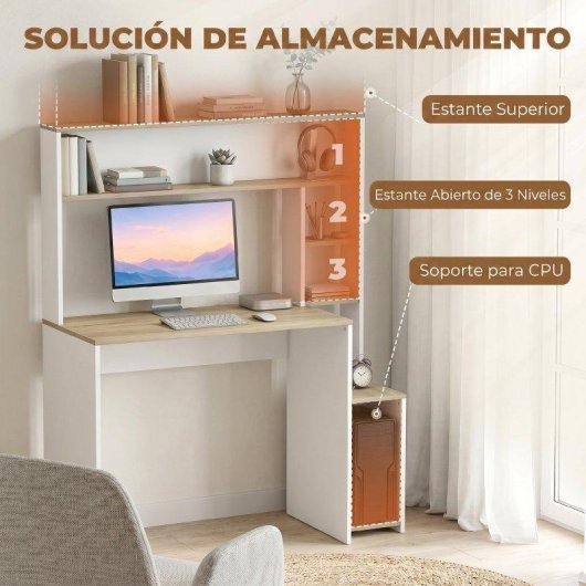 Mesa de escritorio con estantes Homcom moderna 114x45x138 cm blanco y natural