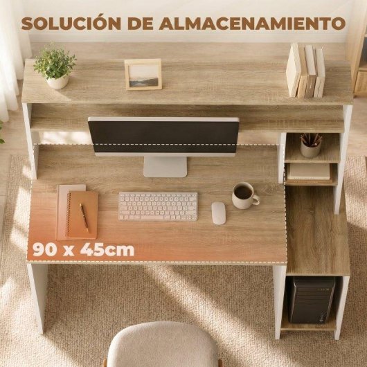 Mesa de escritorio con estantes Homcom moderna 114x45x138 cm blanco y natural