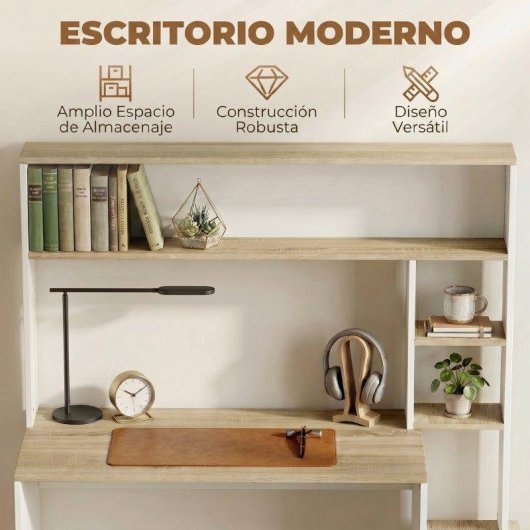 Mesa de escritorio con estantes Homcom moderna 114x45x138 cm blanco y natural