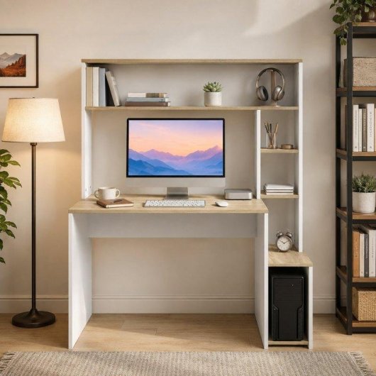 Mesa de escritorio con estantes Homcom moderna 114x45x138 cm blanco y natural