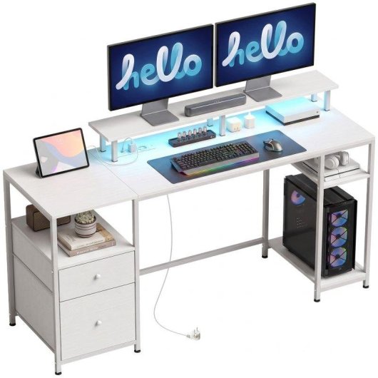 Mesa de escritorio con luces LED Homcom 155,5 x 48 x 88,5 cm blanca