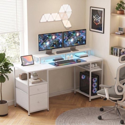 Mesa de escritorio con luces LED Homcom 155,5 x 48 x 88,5 cm blanca