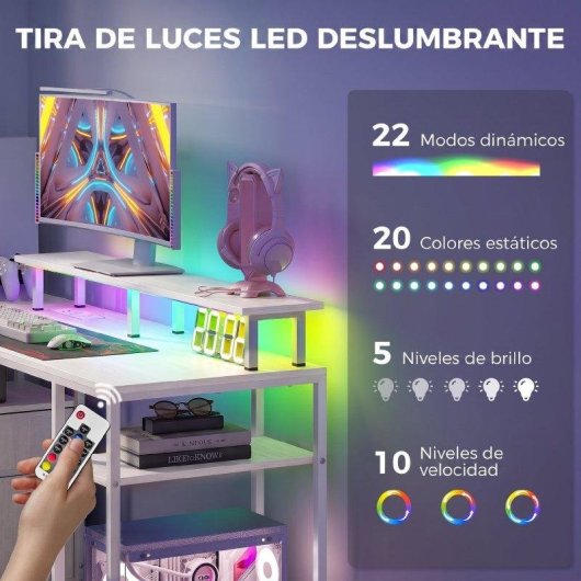 Mesa de escritorio con luces LED Homcom 155,5 x 48 x 88,5 cm blanca