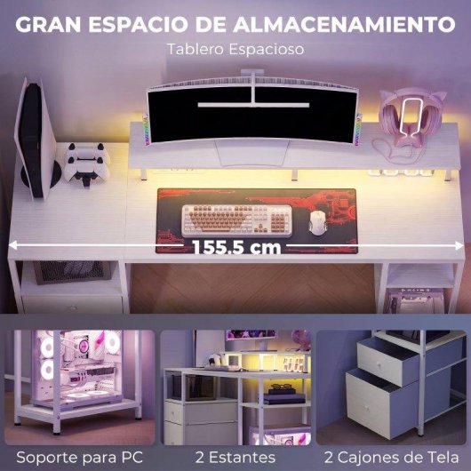Mesa de escritorio con luces LED Homcom 155,5 x 48 x 88,5 cm blanca