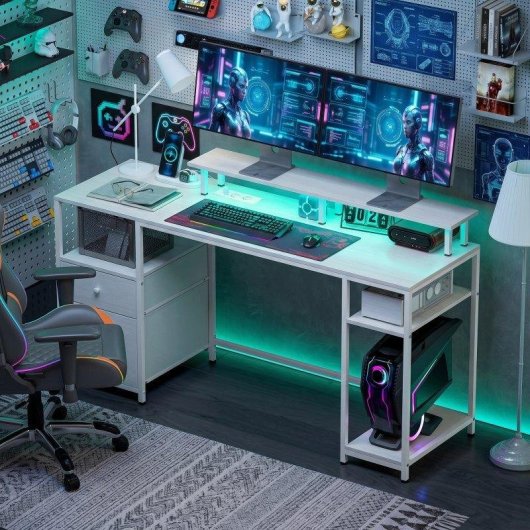 Mesa de escritorio con luces LED Homcom 155,5 x 48 x 88,5 cm blanca