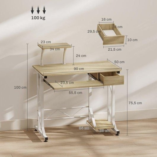 Mesa de escritorio Homcom con cajón, bandeja teclado y soporte CPU 90x50x100 cm