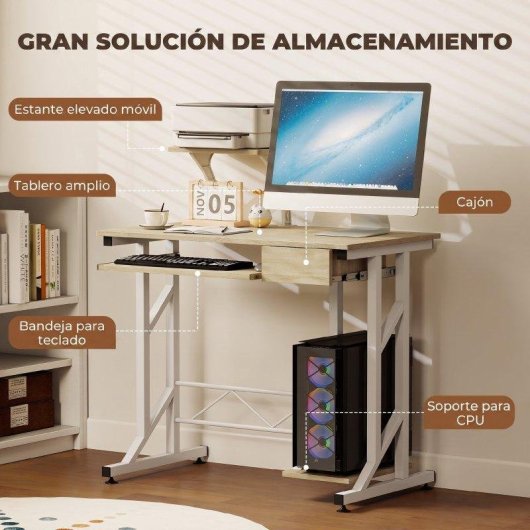 Mesa de escritorio Homcom con cajón, bandeja teclado y soporte CPU 90x50x100 cm