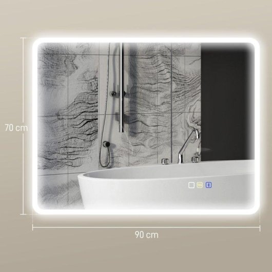 Espelho de Banho Homcom 90x70 cm LED Bluetooth 3 Cores de Luz