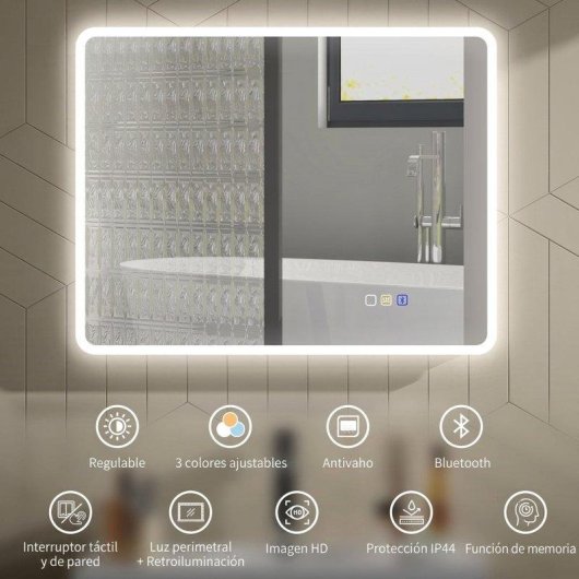 Espelho de Banho Homcom 90x70 cm LED Bluetooth 3 Cores de Luz