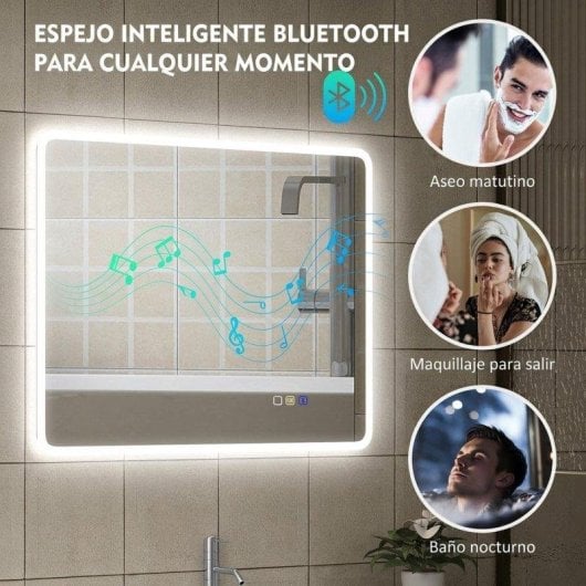 Espelho de Banho Homcom 90x70 cm LED Bluetooth 3 Cores de Luz