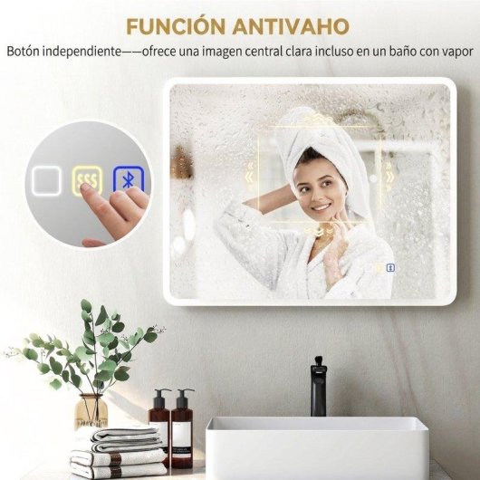 Espelho de Banho Homcom 90x70 cm LED Bluetooth 3 Cores de Luz