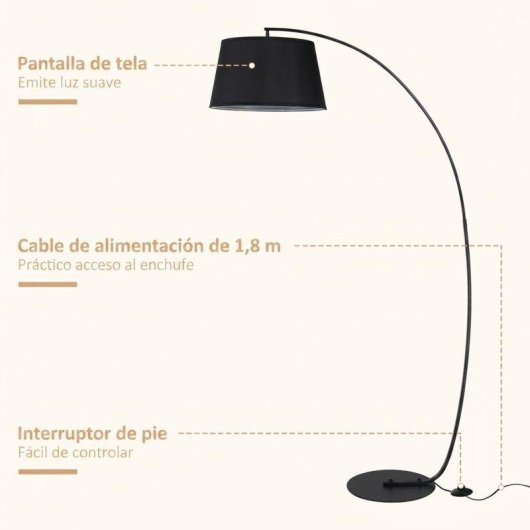 Lámpara de Pie Arco Homcom con Pantalla de Tela Negra para Salón