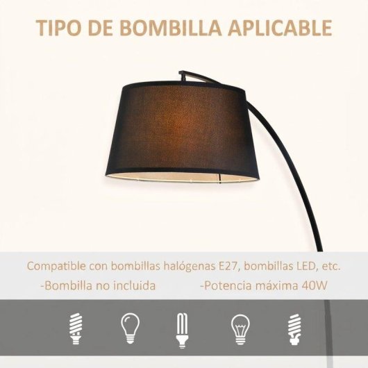Lámpara de Pie Arco Homcom con Pantalla de Tela Negra para Salón