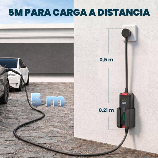 Cabo de Carga Automóveis Elétricos Homcom Tipo 2, 3,7 kW, 5 m, 6-16A, Temporizador Preto