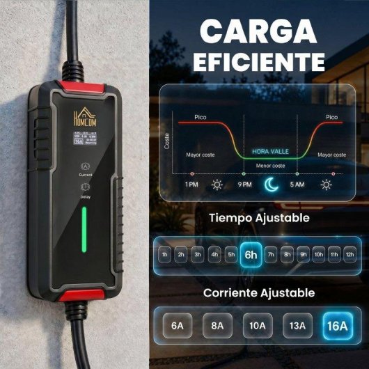 Cabo de Carga Automóveis Elétricos Homcom Tipo 2, 3,7 kW, 5 m, 6-16A, Temporizador Preto