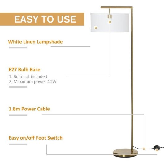 Lâmpada de pé Homcom Pantala de Tela Dourado e Branco Para Sala