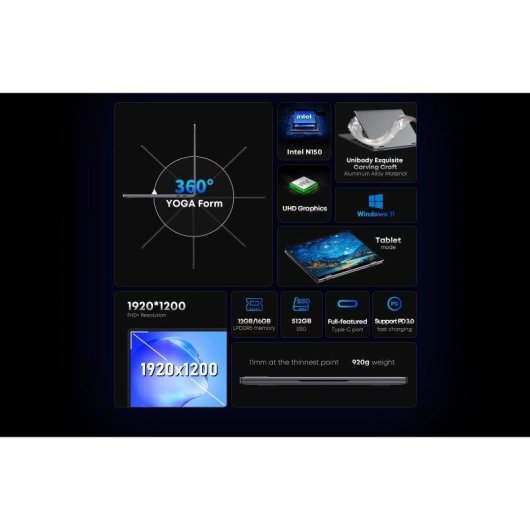 Portátil Chuwi Minibook X 10,51" Intel N150 16GB 512GB SSD Gráfica Intel Windows 11
