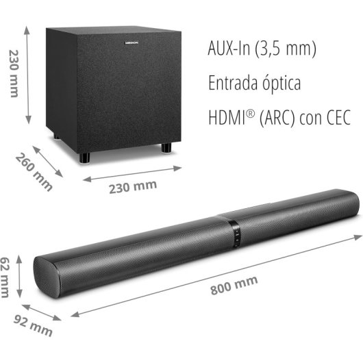 Barre de Son 2.1 Medion Md45001 120W Bluetooth 5.3 HDMI ARC CEC Subwoofer