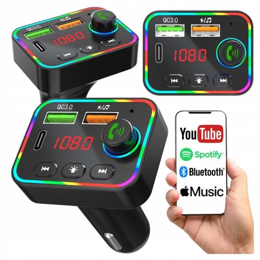 Transmisor FM Tracer SoundCast Bluetooth 5.3 USB-C 25W LED RGB manos libres