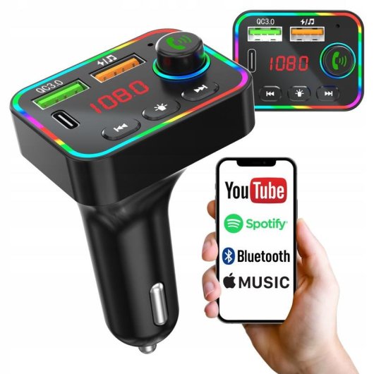 Transmisor FM Tracer SoundCast Bluetooth 5.3 USB-C 25W LED RGB manos libres