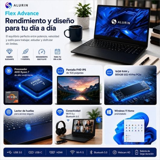 Portátil Alurin Flex Advance AMD Ryzen 7-5825U 15.6"/ 16GB/500GB/Windows Home - Expecto patronum