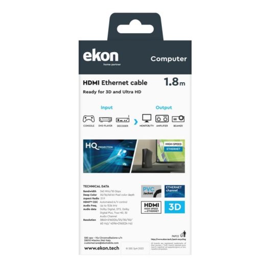 Cable HDMI EKON 1,8 m 4K 60Hz 3D