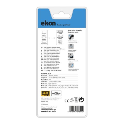 Cable HDMI EKON 1,8 m 4K 60Hz 3D