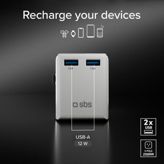 Adaptador universal SBS TEADAPTEUNND 2500W USB 2 portas
