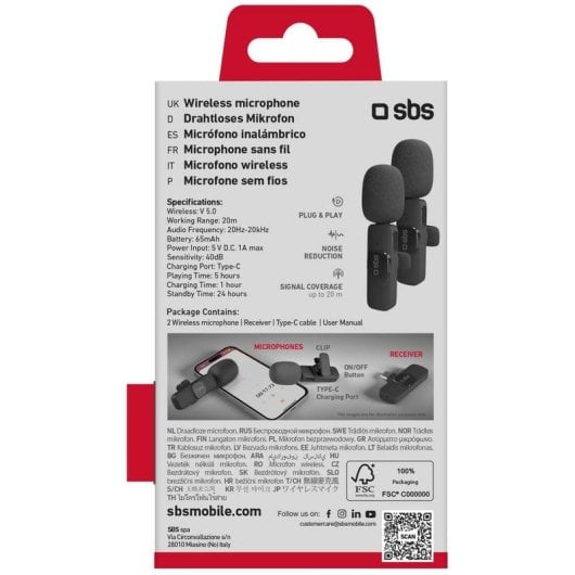 Microfone SBS TEKIT2MICTYCBTK Bluetooth duplo com recetor USB-C