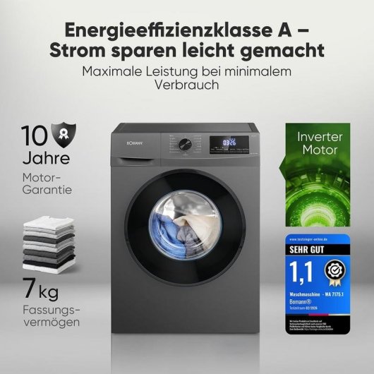 Lavatrice Bomann WA 7175.1 7Kg 1400rpm Classe A Titanio Motore Inverter