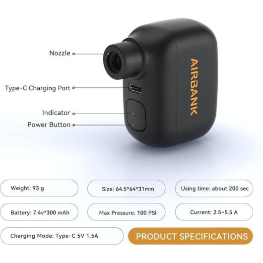 Mini bomba de bicicleta eléctrica AirBank Pocket SE 100 PSI 93g