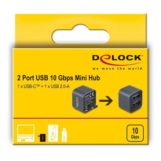 Hub DeLock 2 portas 10 Gbps USB-C modelo 64359 compacto metálico