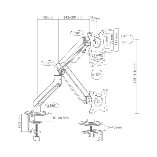 White Shark AKHENATEN Support Moniteur 17 à 32" VESA 75x75 à 100x100 Max 9Kg Bureau Argent