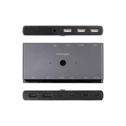 Conmutador KVM Nanocable 2x USB-C 8K HDMI DisplayPort PD Audio
