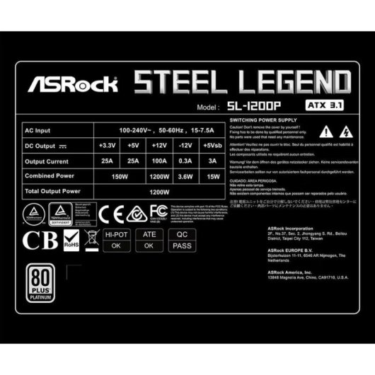 Alimentatore AsRock Steel Legend SL-1200P 1200W Certificazione 80+ Platinum modulare