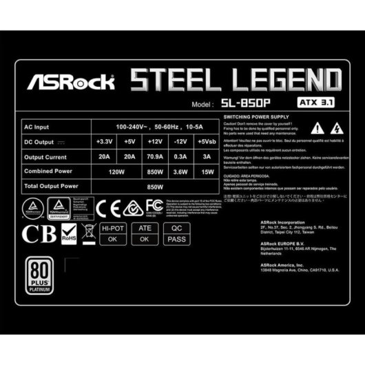 Alimentatore AsRock Steel Legend SL-850P 850W 80+ Platinum modulare