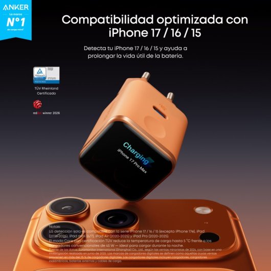 Cargador de Pared Anker Nano para iPhone Qi 45W, Carga Rápida, Pantalla inteligente, 1 USB-C Naranja