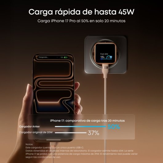 Cargador de Pared Anker Nano para iPhone Qi 45W, Carga Rápida, Pantalla inteligente, 1 USB-C Naranja