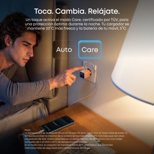 Cargador de Pared Anker Nano para iPhone Qi 45W, Carga Rápida, Pantalla inteligente, 1 USB-C Naranja