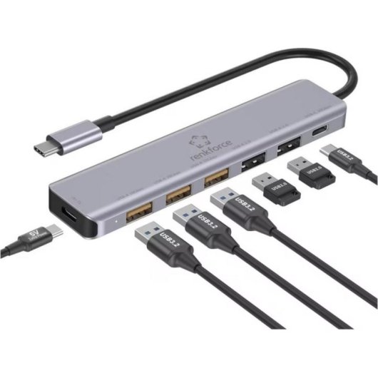 Hub Renkforce 7 portas 10 Gbit/s USB-C RF-7465828 compacto cinzento