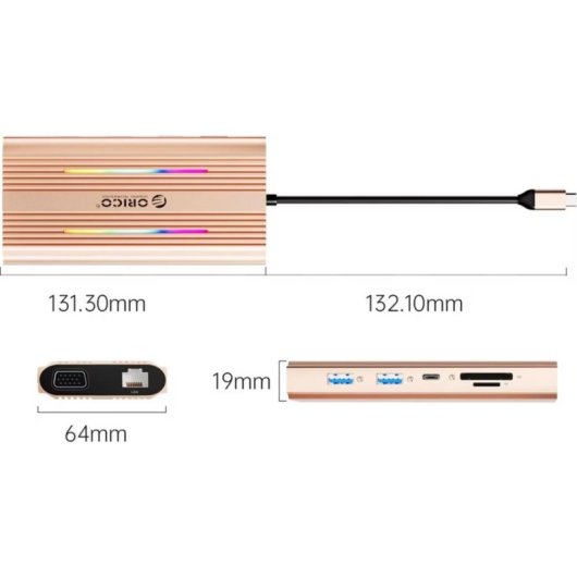 Hub USB-C Orico XDR 12 en 1 RGB 12 puertos USB-C con 100W PD