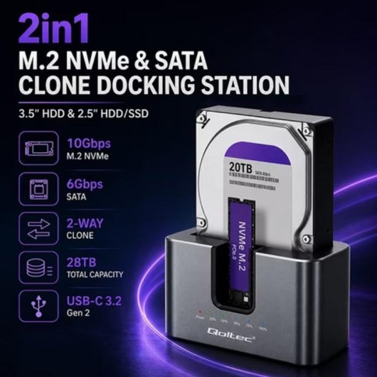 Docking station Qoltec HDD/SSD 2,5" 3,5" M.2 USB-C Polímero Preto