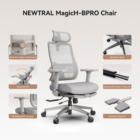 Chaise Ergonomique Newtral MAGICH-GPRO+LAPD-Gray Gris
