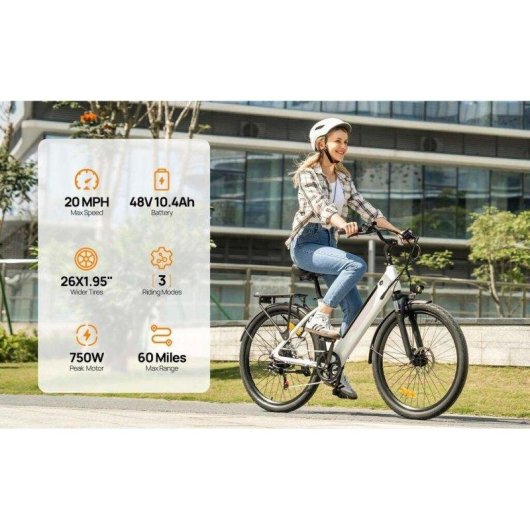 Bicicleta elétrica URLIFE E26 48V 10,4Ah branca rodas 26 polegadas